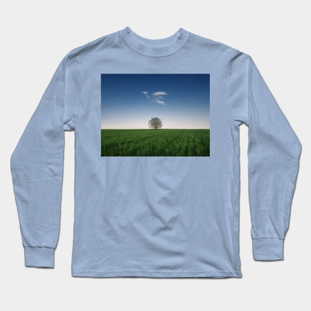 a tree in the wheat field Long Sleeve T-Shirt by psychoshadow